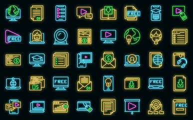 Poster - Free course icons set outline vector. Virtual computer class. Free app distance