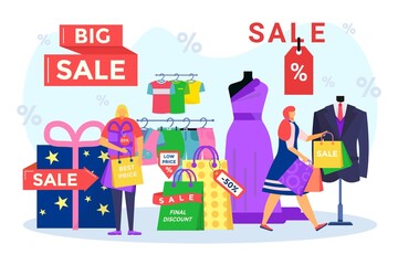 Wall Mural - Sale, final discount for happy people, vector illustration, flat tiny man woman character buy clothes in retail store design, best price