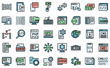 Cms development icons set outline vector. Data code. Design application