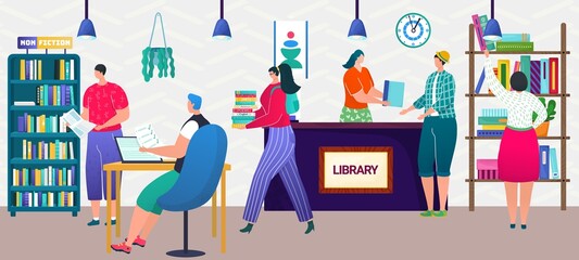 Canvas Print - Library concept, vector illustration, study knowledge with books, man woman student character get education, read literature from bookshelf interior.