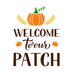 Welcome to our patch quote with hand drawn pumpkin. Vector template for typography poster, banner, flyer, postcard, sticker, logo design, etc