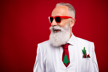 Poster - Photo of nice aged grey hair elegant man look empty space wear spectacles white jacket isolated on red color background