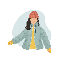 Vector illustration of a girl in a winter sintepon jacket and a knitted hat. Winter clothin