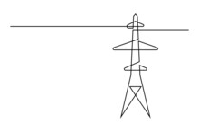 Power Line In Continuous Line Art Drawing Style. Abstract Tower With Overhead Cables For Electrical Energy Transmission Black Linear Design Isolated On White Background. Vector Illustration