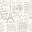Seamless pattern with the sights of Paris. The Eiffel Tower, Notre Dame de Paris, the Arc de Triomphe in the engraved style with handwritten text.