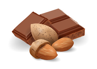 Broken chocolate bars with Almond nuts on white background, realistic vector illustration