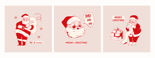 cheerful santa claus with gift bag, long list and present box. christmas, new year concept. retro, v