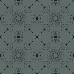 Wall Mural - vector seamless mystical pattern with magical sun, stars and shining moons. linear esoteric boho bac