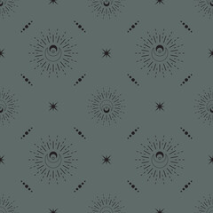 Wall Mural - vector seamless mystical pattern with magical shining moons and stars. linear esoteric boho backgrou