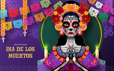 Day of the dead, Dia de los muertos, sugar skull with marigold flowers wreath on paper black color Background.