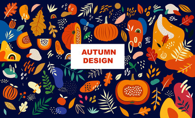 Wall Mural - Bright autumn design with pumpkins, leaves and abstract shapes. 