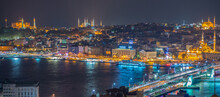 ISTANBUL - SEPTEMBER 17, 2014: City Night Panorama With Blue Mosque And Hagia Sophia On Background. Istanbul Is Visited By More Than 11 Million People Every Year