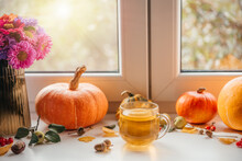 Cozy Autumn Composition With A Cup Of Lemon Tea, Pumpkins, And Acorns