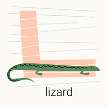 Vector Flat Illustration For Children's Alphabet. The Letter L And Lizard In The Background.