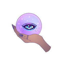 Wall Mural - Female hand holding Magic Crystal Ball with all seeing eye inside isolated on white. Creepy cute vector illustration. Gothic mystic magician symbol, pastel colors. Future telling, Halloween concept.