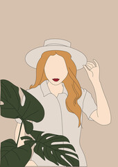 Vertical illustration of a blonde faceless woman with a hat on a body-color background