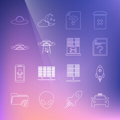 Sticker - Set line Taxi car, Rocket ship with fire, Unknown document, UFO abducts cow, flying spaceship, and Mail server icon. Vector