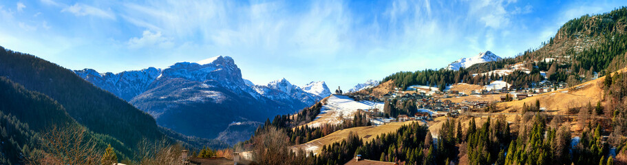 Church in the mountain, in the little town of Selva di Cadore, in the background the peak of Civetta, Dolomites, Italy