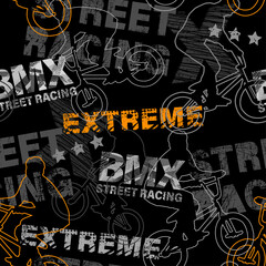 Abstract seamless grunge pattern for guys. Urban style modern background with boy on bicycle BMX and skateboards. Sport extreme style creative wallpaper