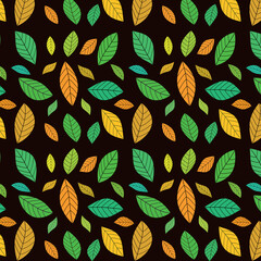 Wall Mural - Beautiful minimal  Autumn leaves seamless pattern in orange, green, yellow on black background. Great for home décor, textile, wallpaper and thanksgiving greeting cards.