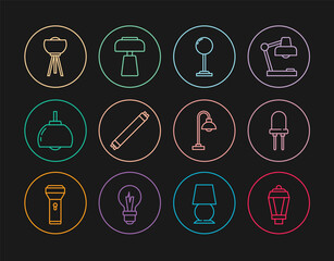 Sticker - Set line Garden light lamp, Light emitting diode, Floor, Fluorescent, Chandelier, and Table icon. Vector