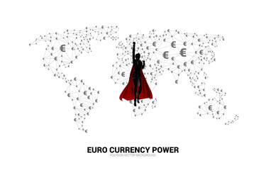 Poster - Silhouette of businessman fly with World Globe with money euro currency icon polygon dot connected line. Concept for power of euro currency in the world.