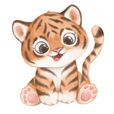 Fototapeta Pokój dzieciecy - Christmas tiger, new year 2022, cute watercolor tiger
