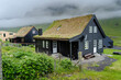 Close up view of the beautiful Black house with grass on the roof in the Faroe Islands 