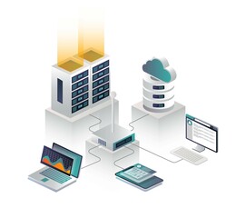 Wall Mural - flat isometric vector illustration Cloud connection to a router and cloud server