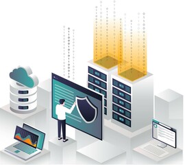 Aufkleber - flat isometric vector illustration programmer secure cloud server data