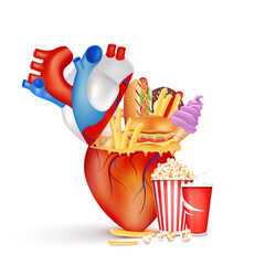 Wall Mural - Foods that are bad for the heart. Diet dangerous coronary fitness. Unhealthy heart. With human cardiovascular anatomy. Medical and health concepts. Isolated on white background 3D vector.