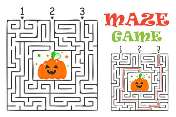 Wall Mural - Rectangular halloween maze labyrinth game for kids. Labyrinth logic conundrum. Three entrance and one right way to go. Vector flat illustration