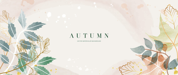 Autumn background vector. Hand painted watercolor and gold brush texture, Flower and botanical leaves hand drawing. Abstract art design for wallpaper, wall arts, cover, wedding and  invite card.  