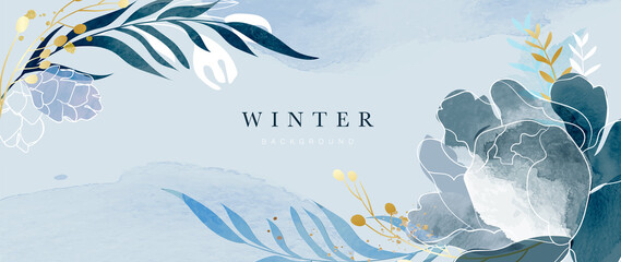 Winter background vector. Hand painted watercolor and gold brush texture, Flower and botanical leaves hand drawing. Abstract art design for wallpaper, wall arts, cover, wedding and  invite card. 