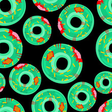 Zombie Donut Pattern Seamless. Sweetness Of Dead Background. Green Monster Food Texture