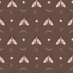 Wall Mural - Seamless pattern with boho honeybee. Insect with celestial elements. Witch and magic symbol for textile, fabric, prints. Abstract hand drawn vector illustration in bohemian style.