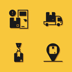 Set Home delivery services, Location with cardboard box, Crane and Delivery cargo truck icon with long shadow. Vector