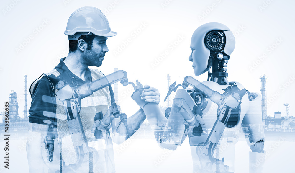 Mechanized industry robot and human worker working together in future ...