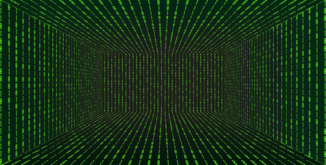 3d Grid perspective room in matrix technology style. Virtual reality tunnel or wormhole. Abstract binary computer code background
