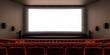 赤い椅子の並んだ映画館と眩しく光るスクリーン / 3Dレンダリンググラフィックス / オープニング感・登場感・ティザー用背景素材