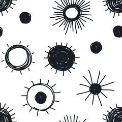 Wall Mural - Hand drawn Illustration Sun. Doodle style seamless pattern. Yellow Solar System Objects