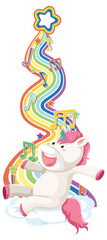 Poster - Unicorn sitting on the cloud with rainbow on white background