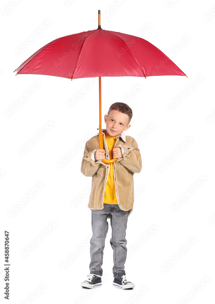 Cute little boy with umbrella on white background