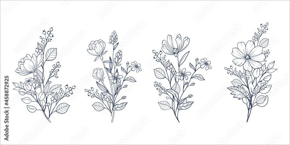 花のベクターイラスト 花の装飾的なデザイン素材 線画 Wall Mural Niko 花のベクターイラスト 花の装飾的なデザイン素材 線画 Wall Mural Niko