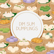 Steamed dumplings. Dim sum or momo in bamboo steamer baskets. Banner template with various dumplings and place for text. Asian traditional cuisine. Vector illustration flyer design