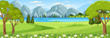 Fototapeta  - Panorama landscape scene with river flowing through in the meadow