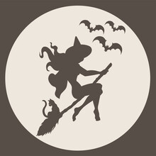 Silhouette Witch On A Broomstick In A Hat With A Cat In Retro Style, Vintage Tattoo, Comic, Vector
