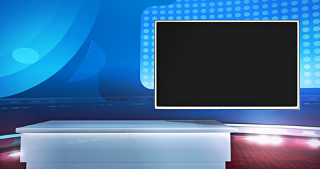Wall Mural - virtual background with an empty monitor, ideal for tv news, shows or infomercials. a 3d illustratio