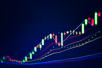 Candlestick chart in financial stock market on digital number background. Forex trading graphic design and Stock market trading trend as concept.	
