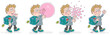 Comic strip of a cheerful little schoolboy with a backpack walking to school and blowing a big bubble from a sweet chewing gum, vector cartoon illustrations isolated on white